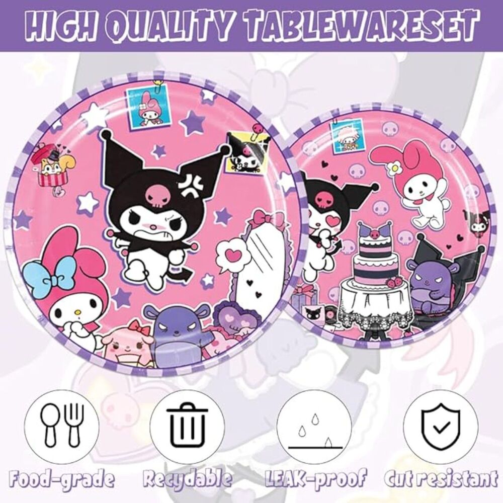 🎉 Kuromi Birthday Party Supplies Set – Plates, Napkins & Tablecloth – New